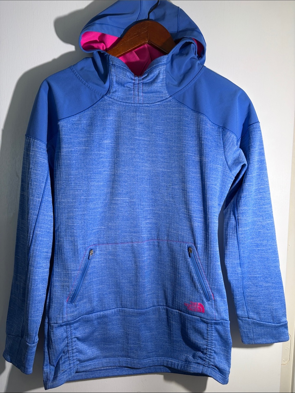 The North Face Women’s Blue Hooded Pullover with Pink Accents